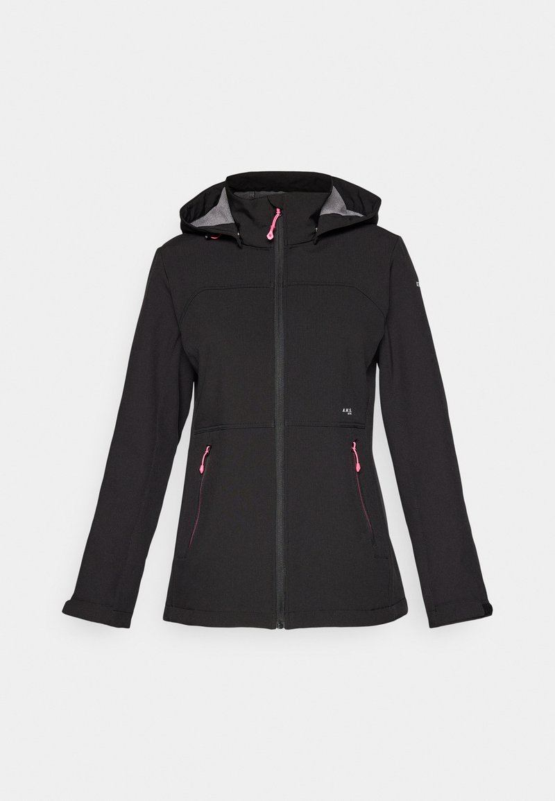 Schwarze Softshell-Jacke mit Kapuze, Frontreißverschluss, pinken Reißverschluss-Anhängern, langen Ärmeln und leicht tailliertem Schnitt.