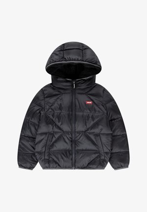 Giacca a vento nera con cappuccio, dotata di zip frontale, tasche laterali e motivo a rombi trapuntato. Piccolo logo rosso sul petto.