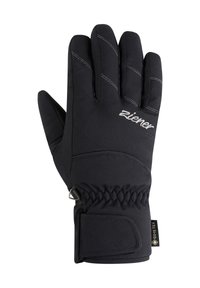 Schwarze Winterhandschuhe mit einer strukturierten Nylonoberfläche, gestepptem Muster und elastischem Handgelenkabschluss. Mit einem Gore-Tex-Label.