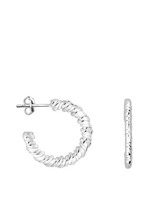 Silver hoop earrings featuring a twisted design, showcasing a shiny metallic finish and a smooth, textured surface.