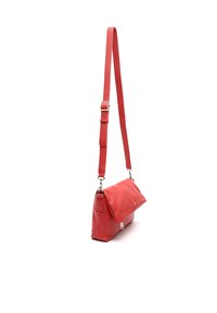 Red leather shoulder bag with a adjustable strap, flap closure, textured surface, silver hardware, and a small logo detail on the front.