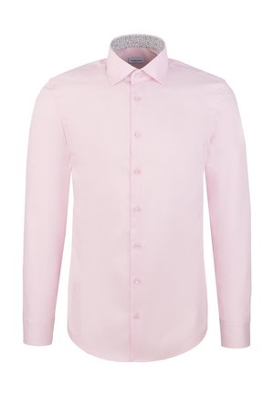 Helles rosa Langarm-Hemd mit Knopfleiste, verbreiteter Kragen und floraler Innenkragenverkleidung, vor weißem Hintergrund präsentiert.