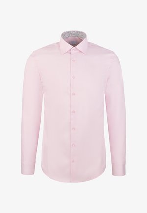 Light pink long-sleeve button-up shirt with spread collar and floral inner collar lining, displayed against white background.