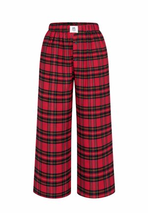 Czerwone szerokie spodnie do piżamy w kratę z elastycznym pasem i zapięciem na guziki z przodu.