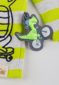 Gray-and-yellow striped clothing with a turtle graphic. A green dinosaur keychain with a blue cap rides a bicycle. Textured fabric tag included.