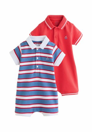 Two baby rompers with collars, one solid red and one blue with white and red stripes, both have small sailboat embroidery on chest.