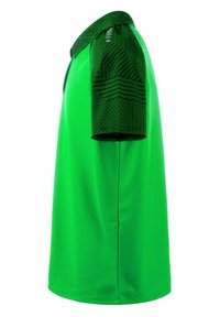 Groen sport polo shirt met een effen lichaam en gepatroneerde korte mouwen met horizontale strepen. Gemaakt van ademend materiaal.