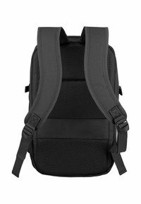 Zaino nero con schienale imbottito in rete per il supporto e spallacci regolabili. Presenta un tessuto testurizzato e fibbie robuste per un fissaggio sicuro.