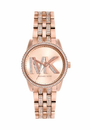 Montre bracelet Michael Kors en or rose avec des accents en cristal sur le bracelet, la lunette et le logo MK sur le cadran, affichant l'heure 10:10:36.