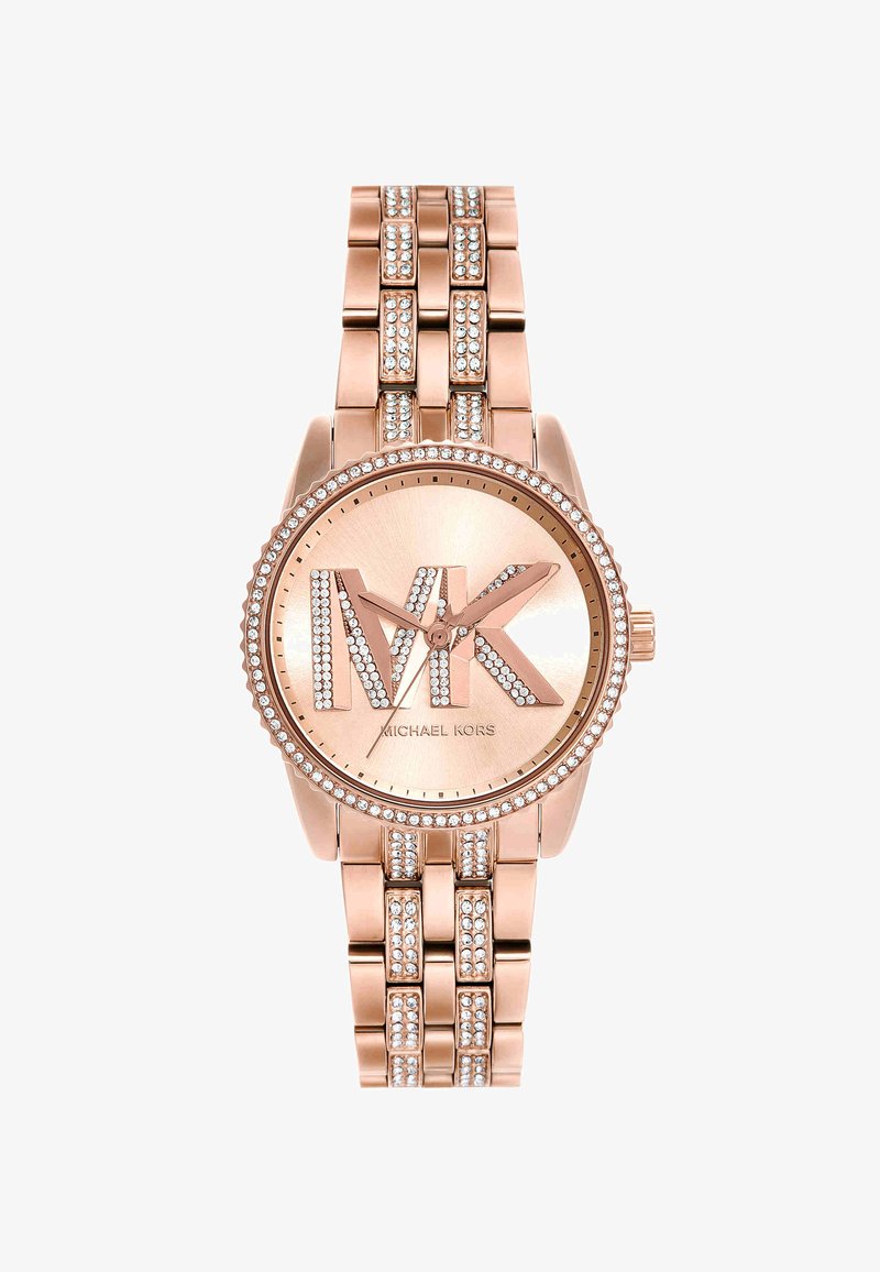 Orologio da polso Michael Kors in oro rosa con accenti di cristallo sul cinturino, sulla lunetta e sul logo MK sul quadrante, che mostra l'ora 10:10:36.
