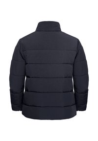 Giubbotto imbottito blu navy con colletto alto, caratterizzato da un design a trapuntatura orizzontale e tessuto leggermente testurizzato. Nessun hardware visibile né tasche.