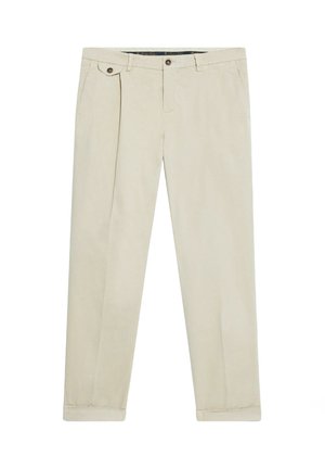Beige Hose mit geradem Beinschnitt, mit einer gefalteten Vorderseite, zwei Seitentaschen und einem Knopfverschluss. Glatte Baumwollstofftextur.