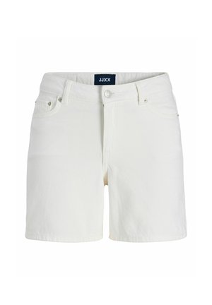 Hvide denimshorts med forreste lukning med knap og lynlås, bæltestropper og fem-lomme design, mærket JJXX ved taljen.