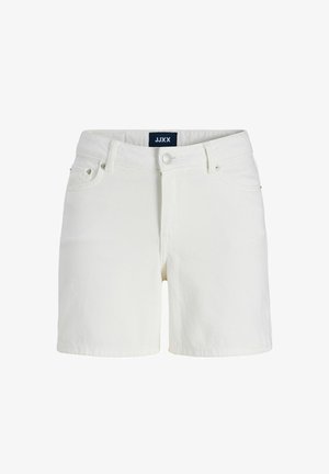 Hvide denimshorts med forreste lukning med knap og lynlås, bæltestropper og fem-lomme design, mærket JJXX ved taljen.