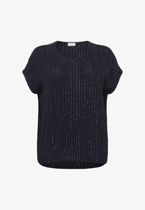 Top scurt de culoare bleumarin închis, cu dungi verticale argintii, decolteu rotund și o croială lejeră, având un tiv ușor curbat.