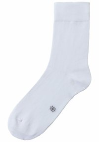 White cotton sock with ribbed top and smooth texture, featuring a small gray floral pattern near the toe.