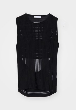 Schwarzes ärmelloses Top mit vertikalem Rippmuster. Verfügt über einen runden Ausschnitt und einen etwas längeren hinteren Saum. Leicht und durchsichtiges Material.