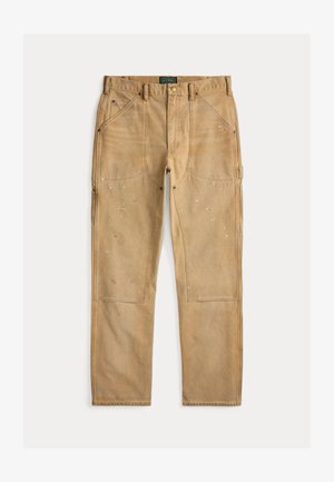 Iedegti darba bikses ar gludu tekstūru, ar priekšējiem kabatām, papildu sānu kabatu un vieglām krāsas traipiem, kas norāda uz lietojumu. Slim fit dizains.