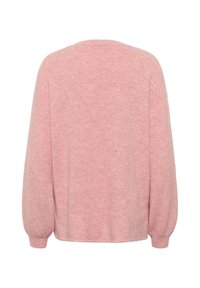 Helles rosa Sweatshirt aus weichem Stoff, mit einer lockeren Passform, fallenden Schultern und langen, leicht gerafften Ärmeln.