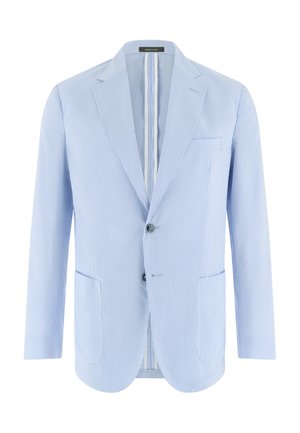 Lyseblå seersucker blazer med hakrevers, to knapper, brystlomme med åbning og to forlommer med klap.