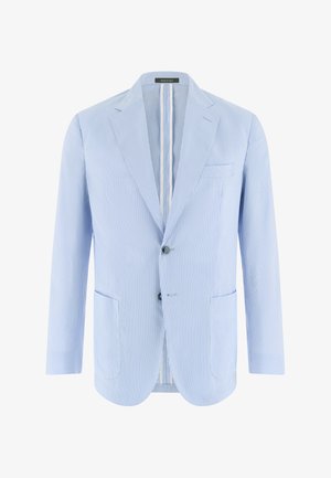 Blazer bleu clair en seersucker avec revers crantés, deux boutons, poche poitrine passepoilée et deux poches plaquées à l'avant.
