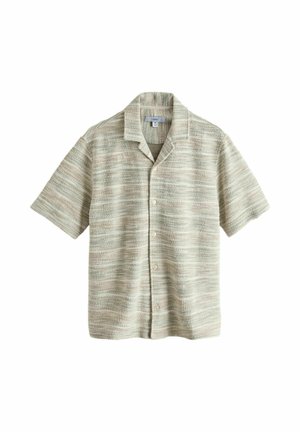 Short-sleeve button-up shirt in beige and light gray horizontal stripes with a camp collar and textured fabric.