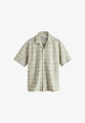 Short-sleeve button-up shirt in beige and light gray horizontal stripes with a camp collar and textured fabric.