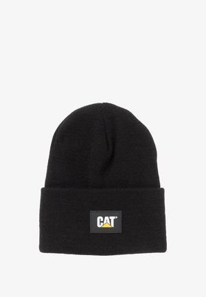 Black knit beanie with a folded cuff, featuring a rectangular black patch with the "CAT" logo and a yellow triangle accent.