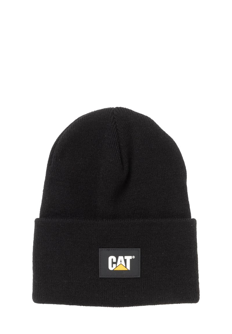 Bonnet noir en maille, en tissu doux, avec un revers plié orné d'un badge rectangulaire avec le logo "CAT" et un triangle jaune sur fond noir.