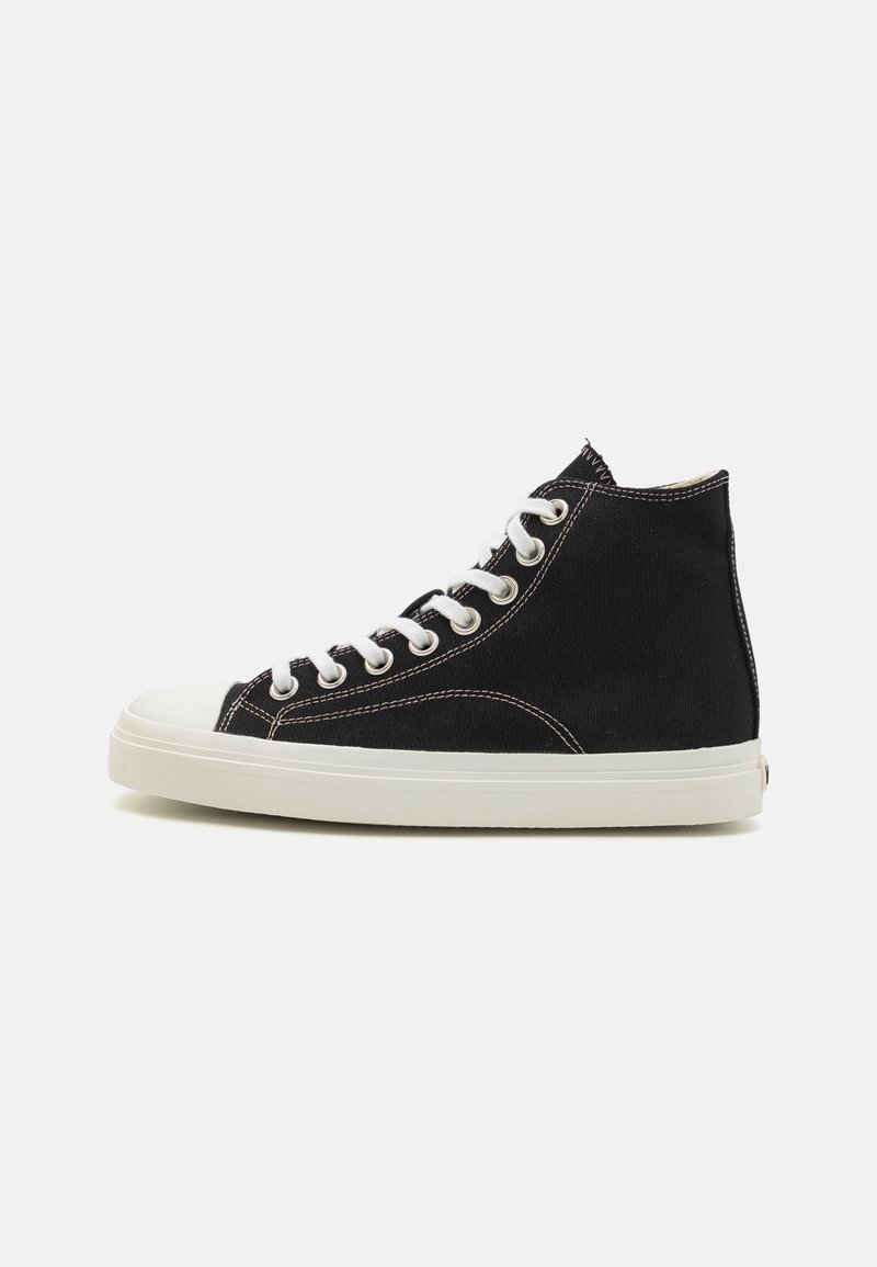 High-top sneakers in black canvas with white rubber sole and lacing. Features contrasting stitching and rounded toe design.