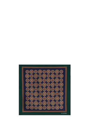 Pañuelo cuadrado con estampado en verde oscuro y azul marino con motivos florales circulares repetidos en naranja, azul y beige, con la marca "Scalpers" en una esquina.