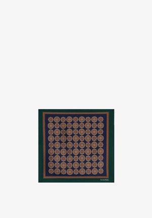 Pañuelo cuadrado con estampado en verde oscuro y azul marino con motivos florales circulares repetidos en naranja, azul y beige, con la marca "Scalpers" en una esquina.