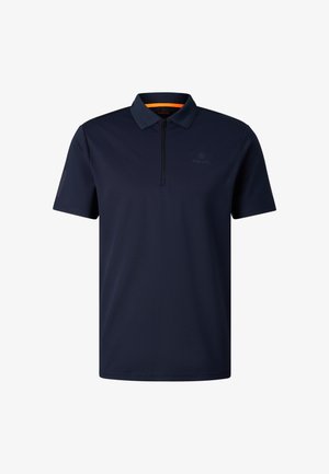 Granatowa koszulka polo z krótkim rękawem, z półzamkiem z przodu i kołnierzykiem, z subtelnie widocznym logo na piersi.