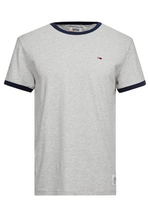 Hellgraues T-Shirt mit kurzen Ärmeln und navyblauem Besatz am Kragen und an den Ärmelenden, kleines Tommy Jeans-Logo auf der Brust und am unteren Saum.