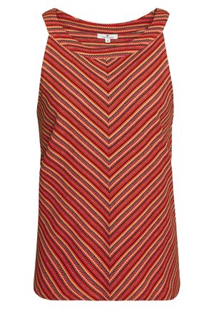 Top sin mangas con textura que presenta un patrón de espiga en rojo, naranja y crema. Diseño sin mangas con escote redondeado. Tejido ligero.