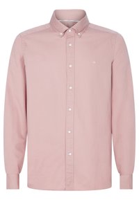Camicia a maniche lunghe di un rosa chiaro, in cotone, con colletto classico, dotata di cinque bottoni bianchi sul davanti e un piccolo logo sul petto.