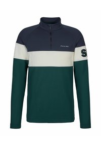 Męski pulower z długim rękawem z poziomymi blokami kolorów w granatowym, białym i zielonym, z suwakiem do ćwiartki oraz logo "FALKE" na piersi i rękawie.