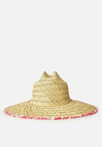 Cappello di paglia a tesa larga con un design intrecciato, dotato di una fascia decorativa rossa e bianca attorno al bordo. Finitura naturale testurizzata.