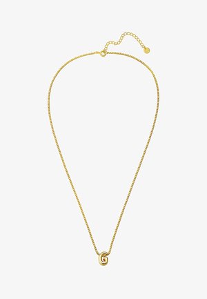 Guldfarvet halskæde med en fin kæde og en cirkulær vedhæng med et stiliseret "G". Justerbar længde med en lås.