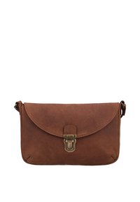 Kleine bruine leren crossbodytas met overslagklep en antieke messing gesp, eenvoudig en gestructureerd ontwerp.