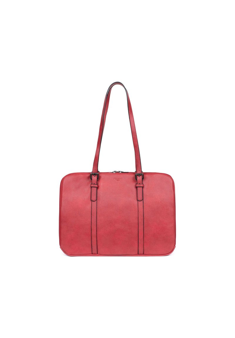 Rode leren tote bag met twee lange handvatten, rechthoekige vorm en contrasterende stiksel. Kenmerkt zich door een gladde textuur en een minimalistisch ontwerp.