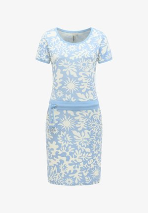 Lichtblauwe jurk met korte mouwen, witte abstracte bloemen- en zonpatronen, ronde halslijn en een taillekoord.