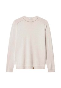 Helle beigefarbene Strickjacke mit langen Ärmeln, rundem Ausschnitt, gerippten Bündchen und Saum. Subtile Textur mit einem kleinen Etikett am unteren Saum.