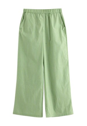 Lysegrønne bukser med brede ben og tynde hvide lodrette striber, elastisk taljebånd og sidelommer.