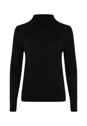 Pull-pull noir en tissu tricoté doux, doté de manches longues et d'un design ajusté avec des détails côtelés au col et à l'ourlet.