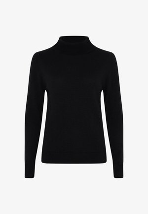 Pull-pull noir en tissu tricoté doux, doté de manches longues et d'un design ajusté avec des détails côtelés au col et à l'ourlet.