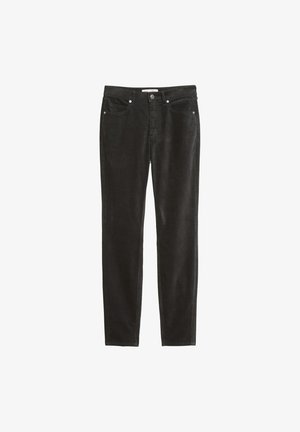 Zwarte slim-fit broek van corduroy met steekzakken aan de voorkant en knoopsluiting, plat liggend op een witte achtergrond.