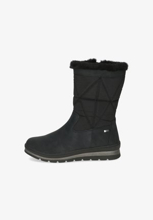 Bottes de cheville noires imperméables avec une tige texturée, un bord en fausse fourrure, des coutures géométriques et une semelle rembourrée pour la stabilité.