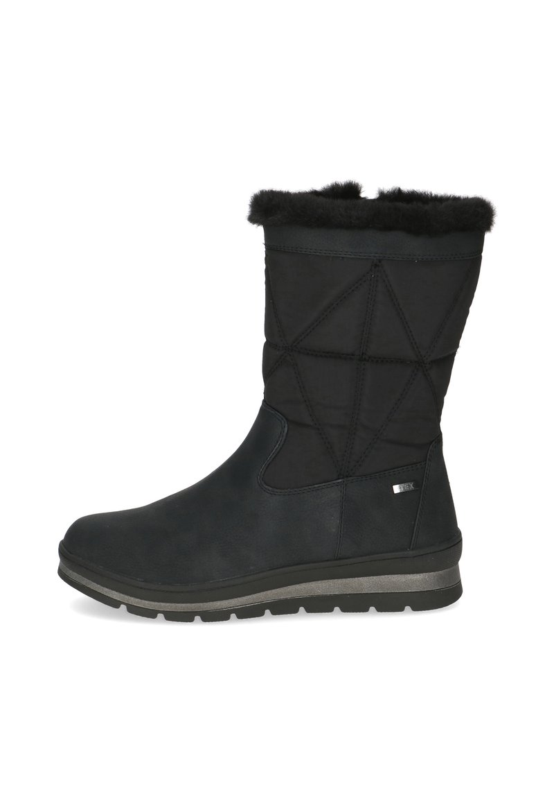 Botas de tobillo impermeables negras con un upper texturizado, borde de pelo sintético, costuras geométricas y una suela acolchada para estabilidad.