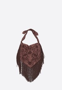 Brązowa jedwabna bandana z kwiatową haftem i frędzlami na brzegach; ma trójkątny kształt i wiązania na górze do zapięcia.